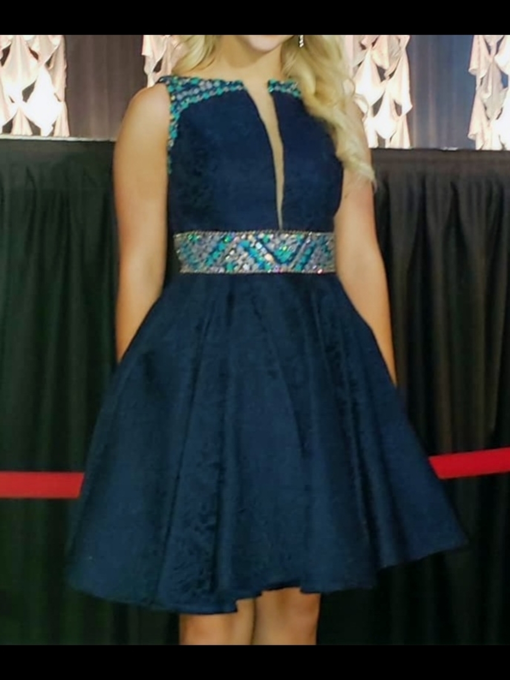 Girls Navy Beaded Waist A-Line Dress